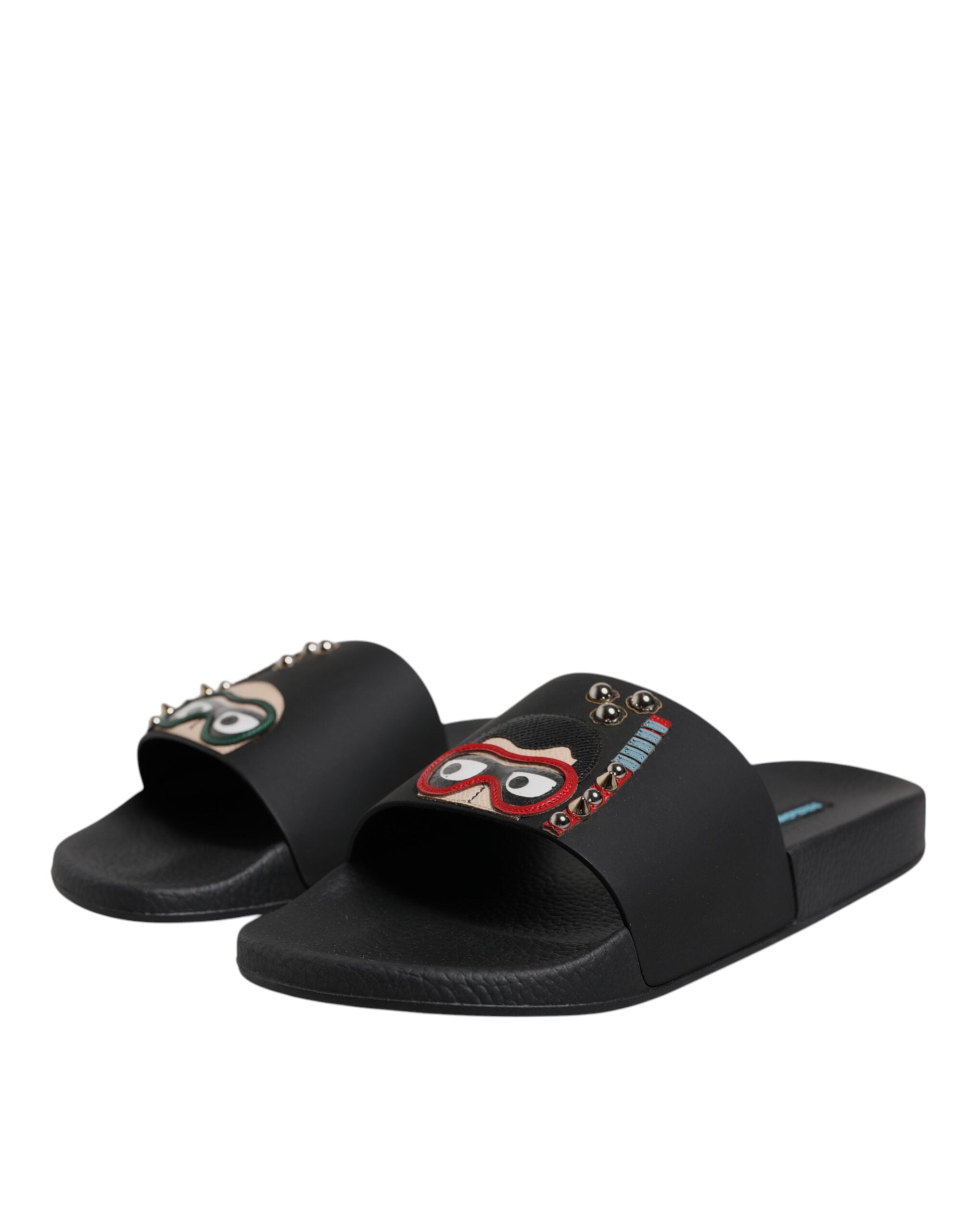 Dolce &amp; Gabbana Black Divers Leather Flats Slides Sandals Beachwear Shoes