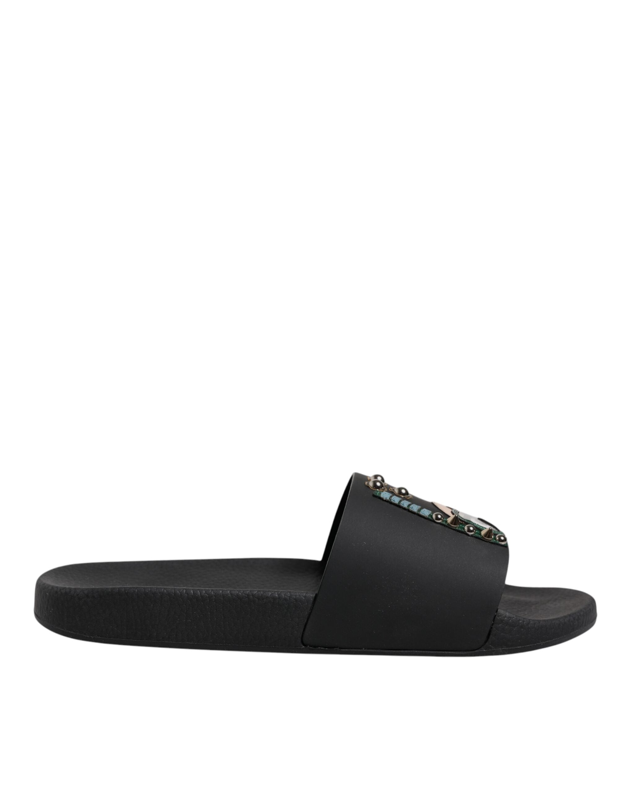 Dolce &amp; Gabbana Black Divers Leather Flats Slides Sandals Beachwear Shoes