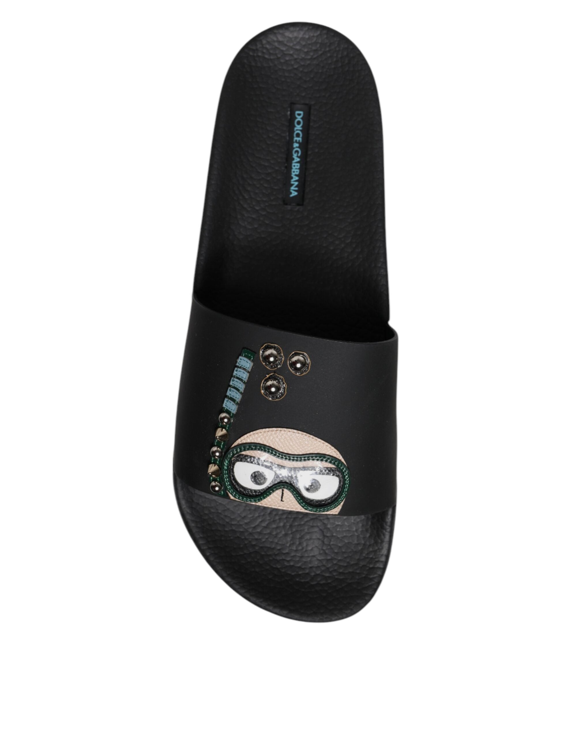 Dolce &amp; Gabbana Black Divers Leather Flats Slides Sandals Beachwear Shoes