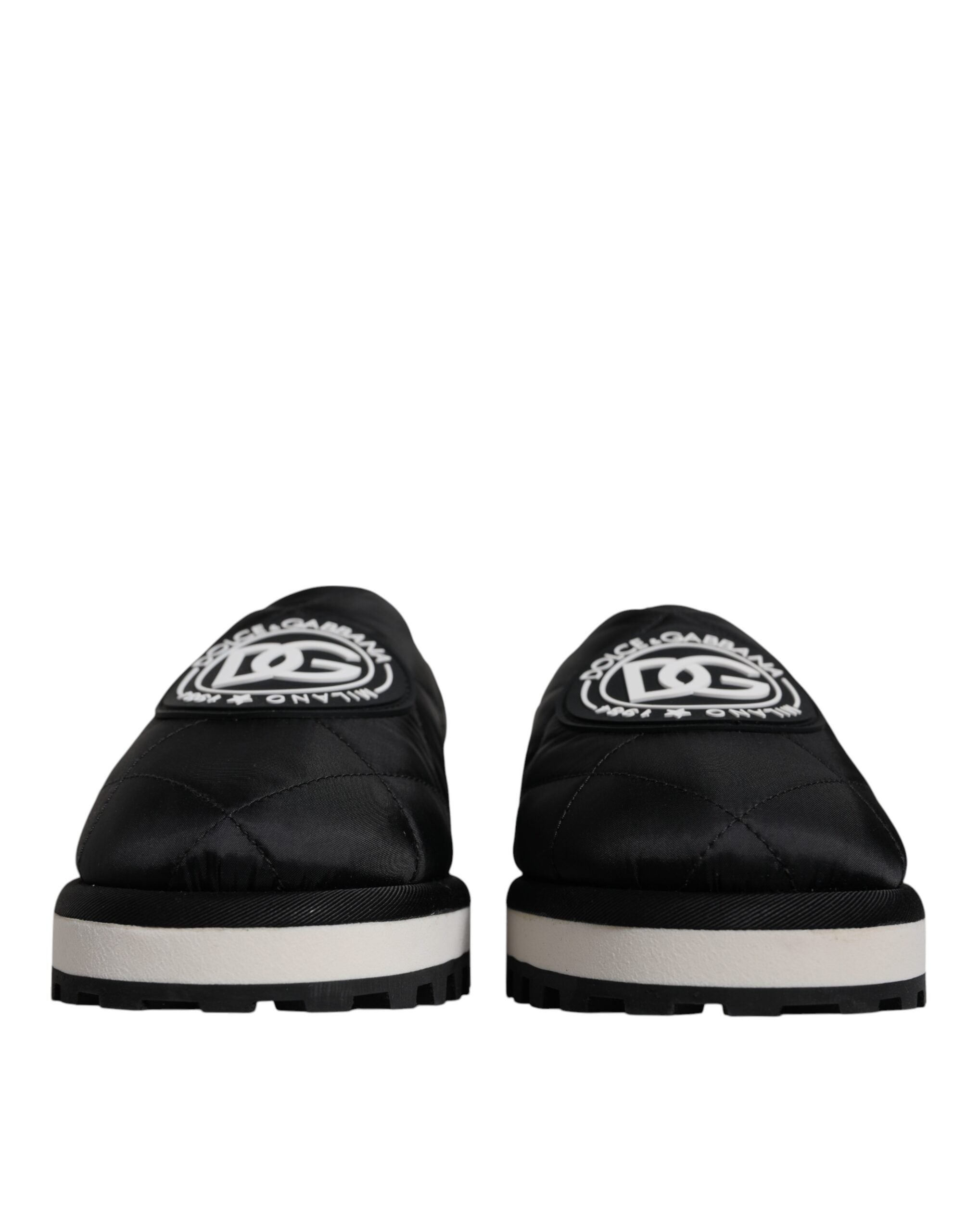 Dolce &amp; Gabbana Black Nylon Quilted Logo Patch Sandals Slides Shoes