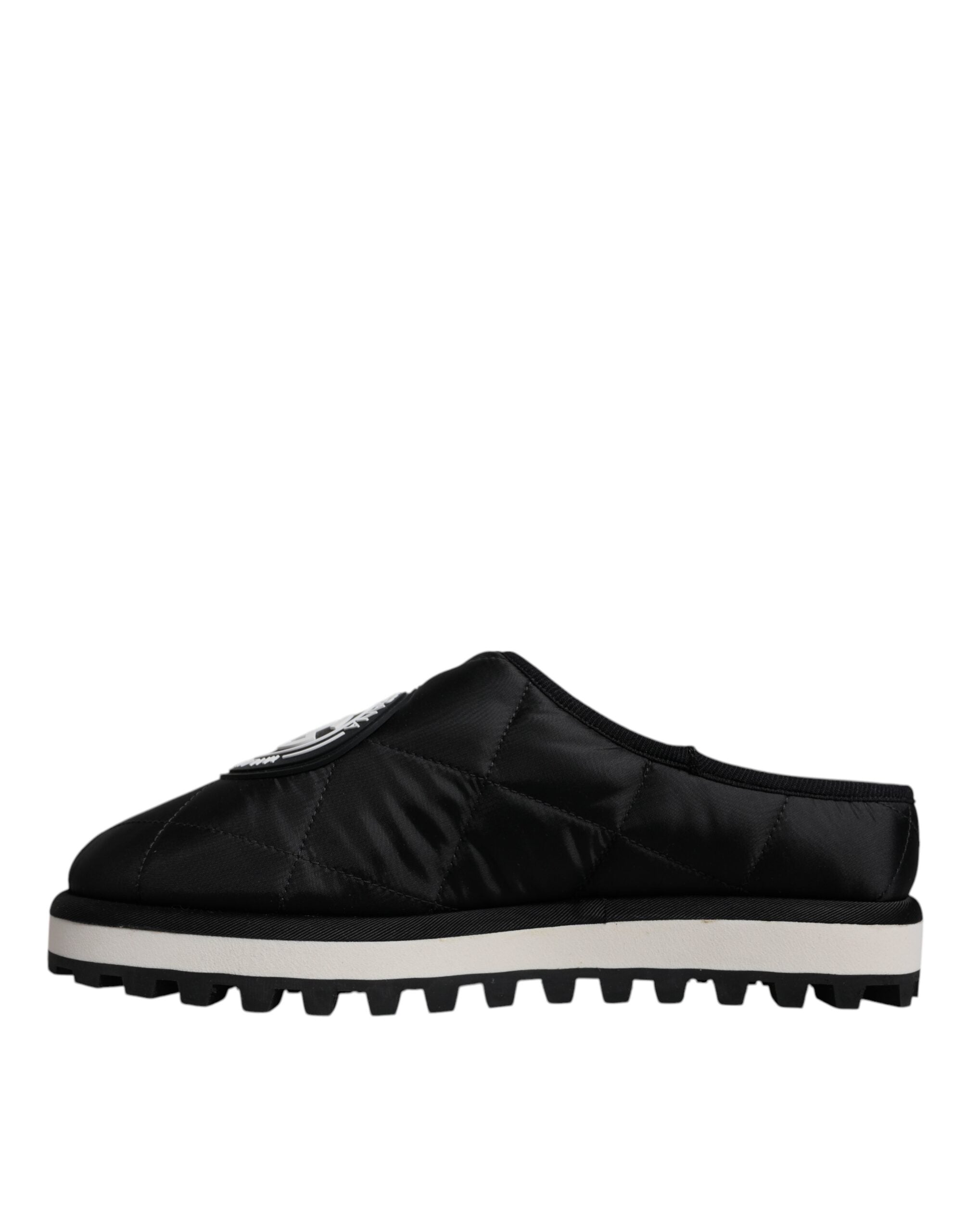 Dolce &amp; Gabbana Black Nylon Quilted Logo Patch Sandals Slides Shoes