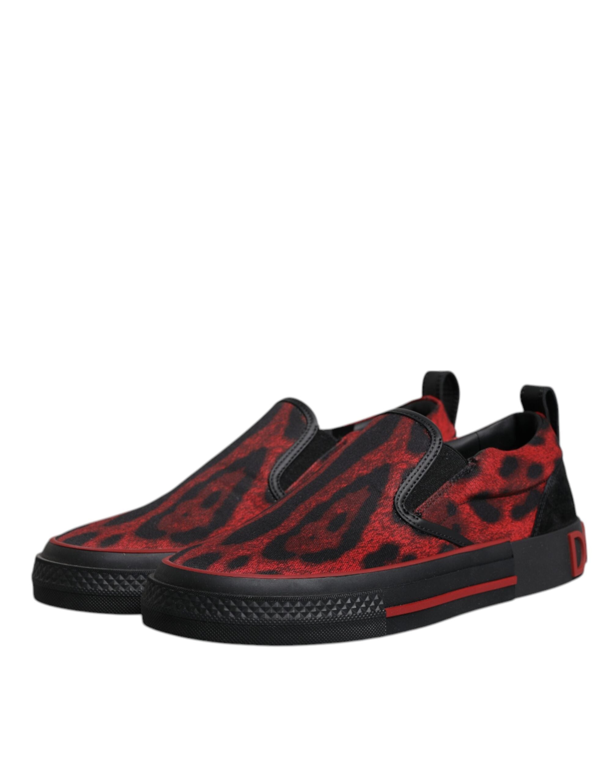 Dolce &amp; Gabbana Red Black Leopard Cotton Men Low Top Sneakers Shoes