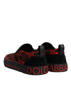 Dolce &amp; Gabbana Red Black Leopard Cotton Men Low Top Sneakers Shoes