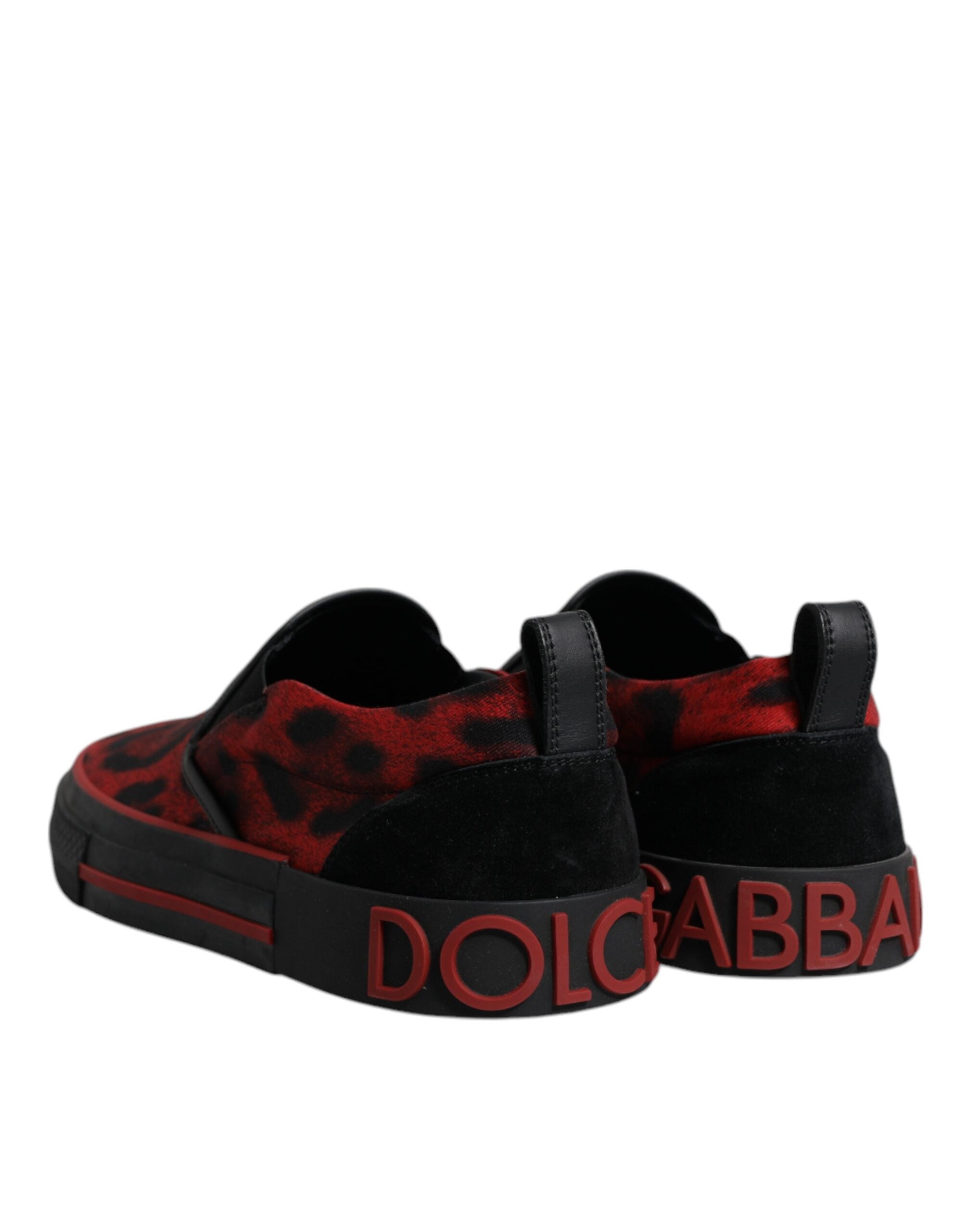 Dolce &amp; Gabbana Red Black Leopard Cotton Men Low Top Sneakers Shoes