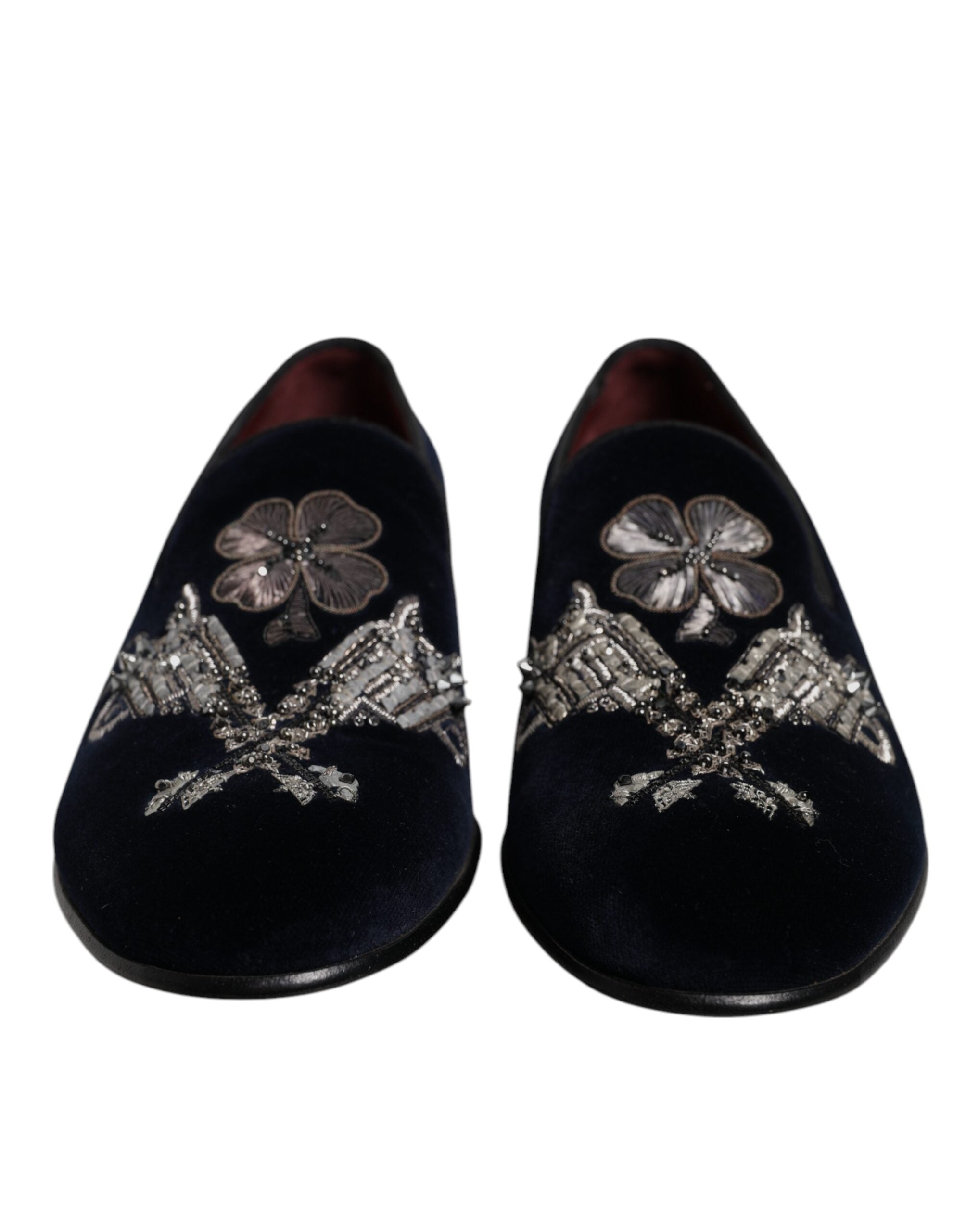 Dolce &amp; Gabbana Black Velvet Floral Gun Loafers Dress Shoes