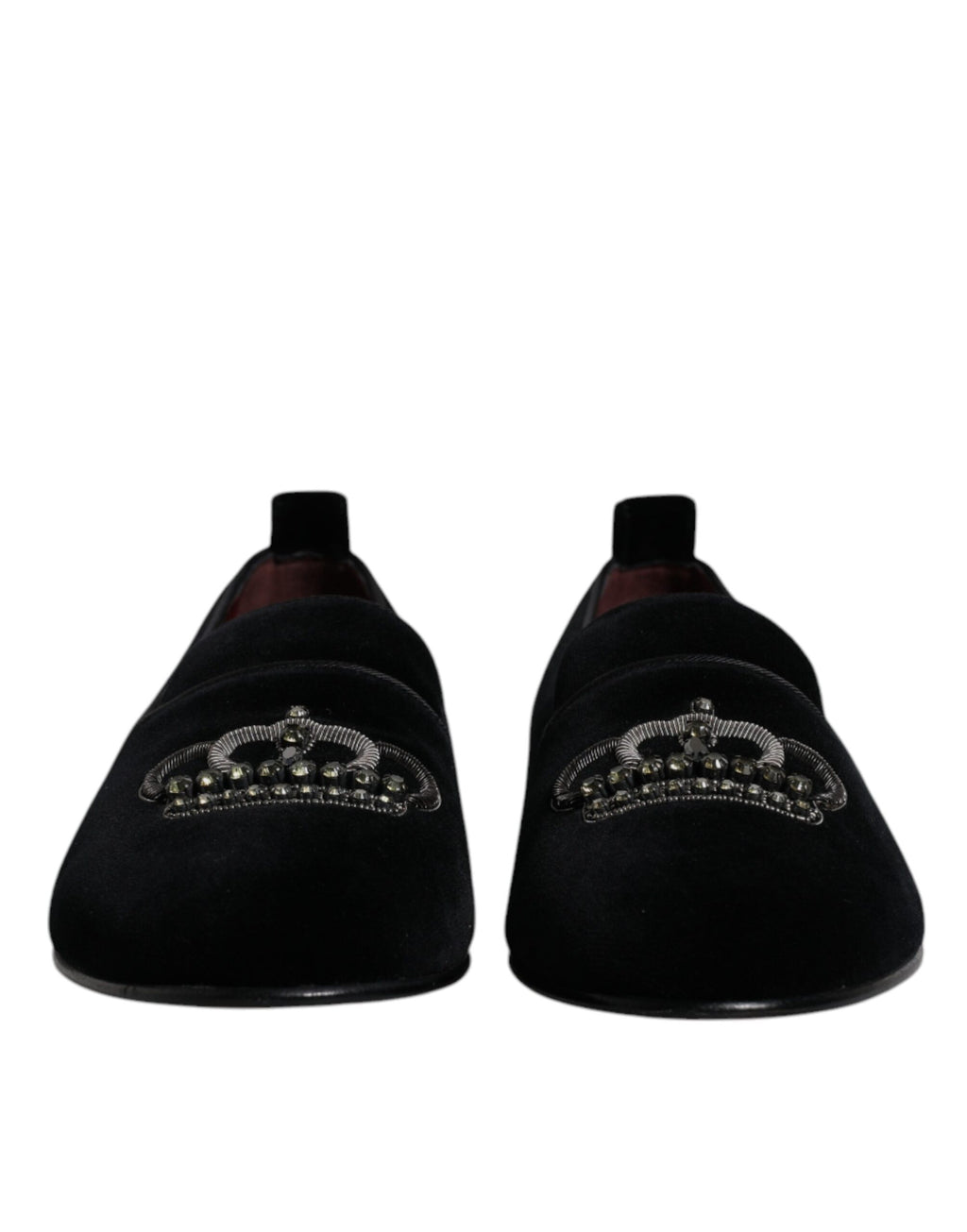 Dolce &amp; Gabbana Black Velvet Crystal Crown Loafers Formal Dress Shoes