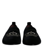 Dolce &amp; Gabbana Black Velvet Crystal Crown Loafers Formal Dress Shoes