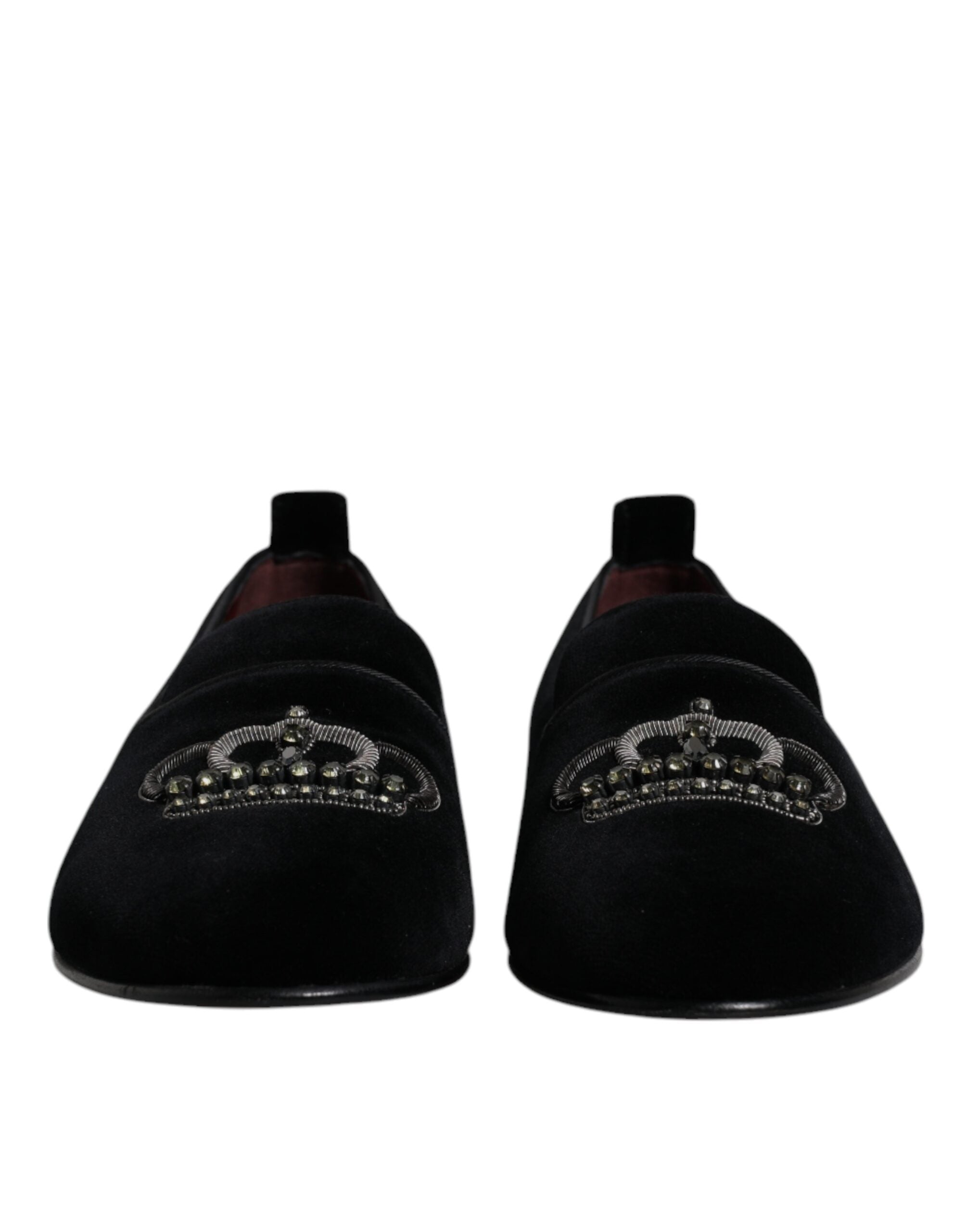 Dolce &amp; Gabbana Black Velvet Crystal Crown Loafers Formal Dress Shoes