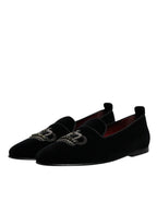 Dolce &amp; Gabbana Black Velvet Crystal Crown Loafers Formal Dress Shoes