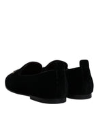 Dolce &amp; Gabbana Black Velvet Crystal Crown Loafers Formal Dress Shoes