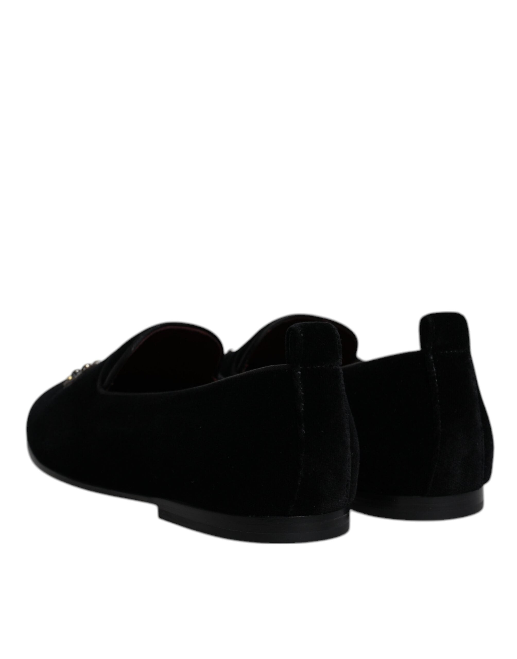 Dolce &amp; Gabbana Black Velvet Crystal Crown Loafers Formal Dress Shoes