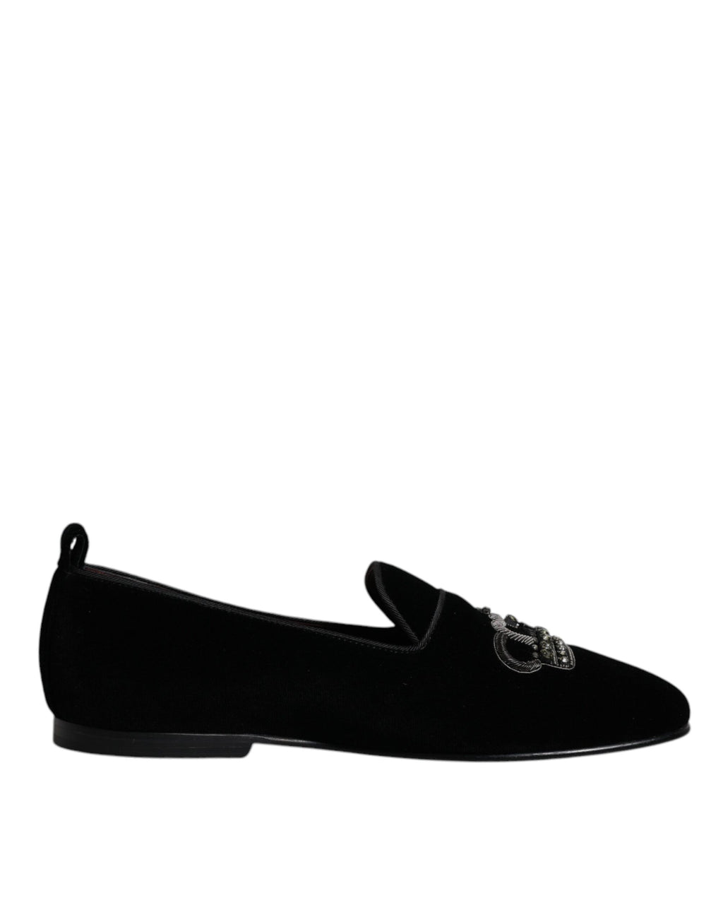 Dolce &amp; Gabbana Black Velvet Crystal Crown Loafers Formal Dress Shoes
