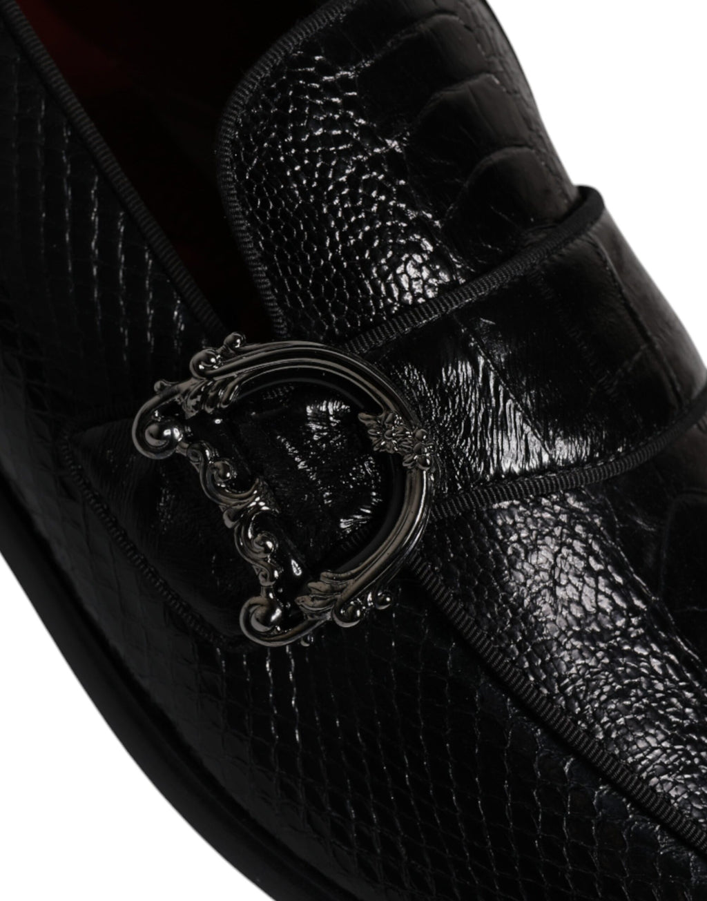 Dolce &amp; Gabbana Black Exotic Leather DG Logo Loafers Formal Dress Shoes