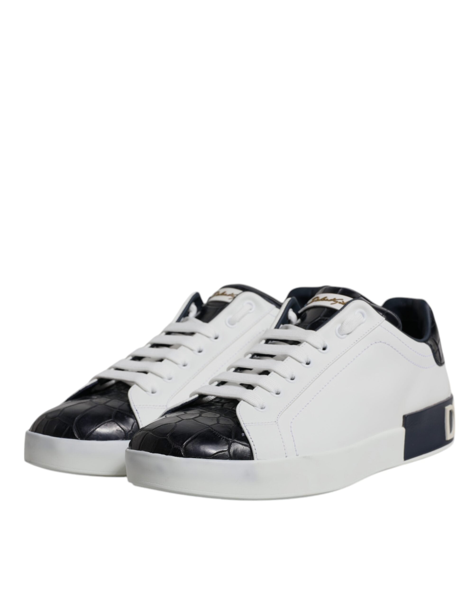 Dolce &amp; Gabbana White Black Leather Portofino Sneakers Shoes