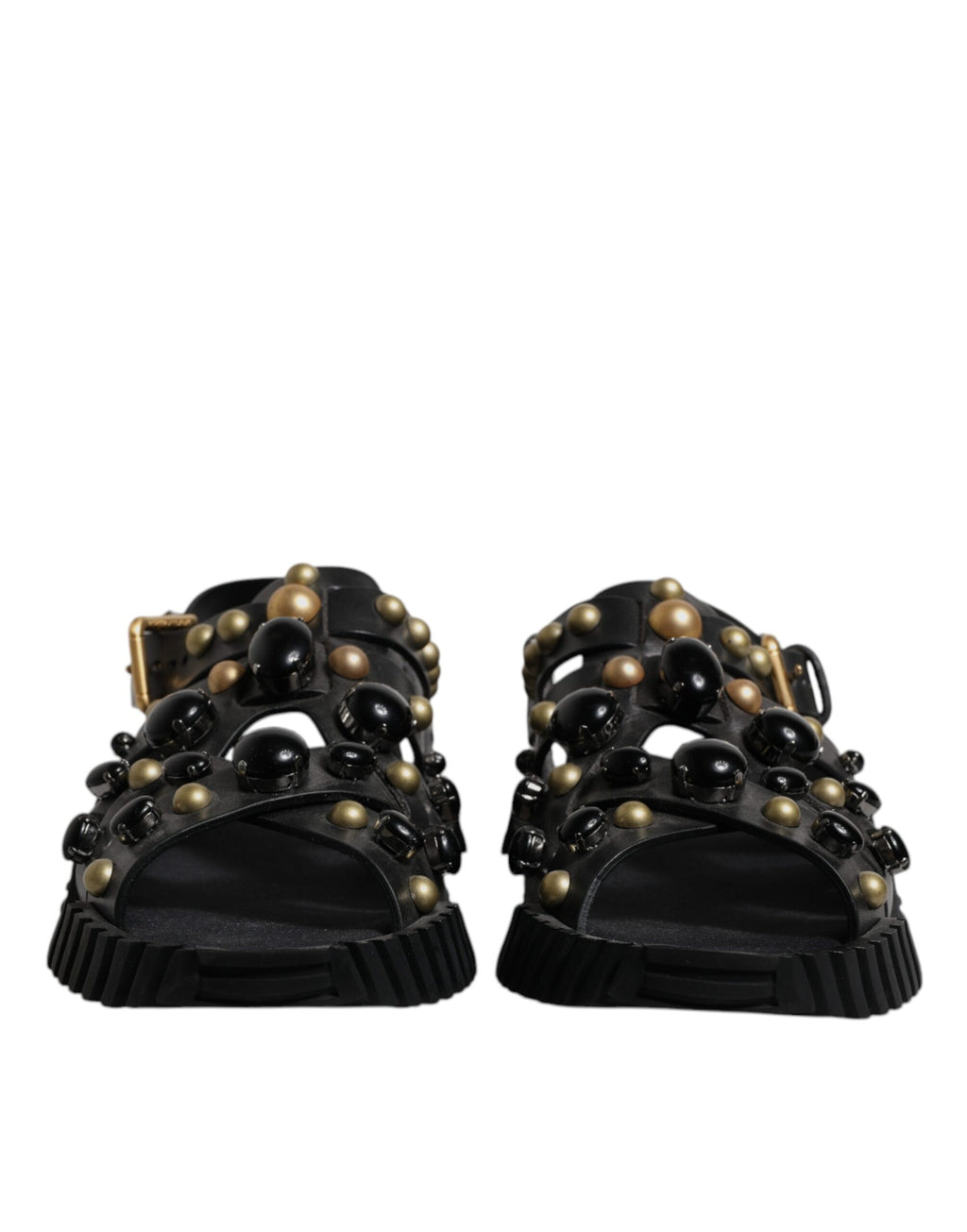 Dolce &amp; Gabbana Black Leather Studded Slides Sandals Shoes