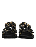 Dolce &amp; Gabbana Black Leather Studded Slides Sandals Shoes