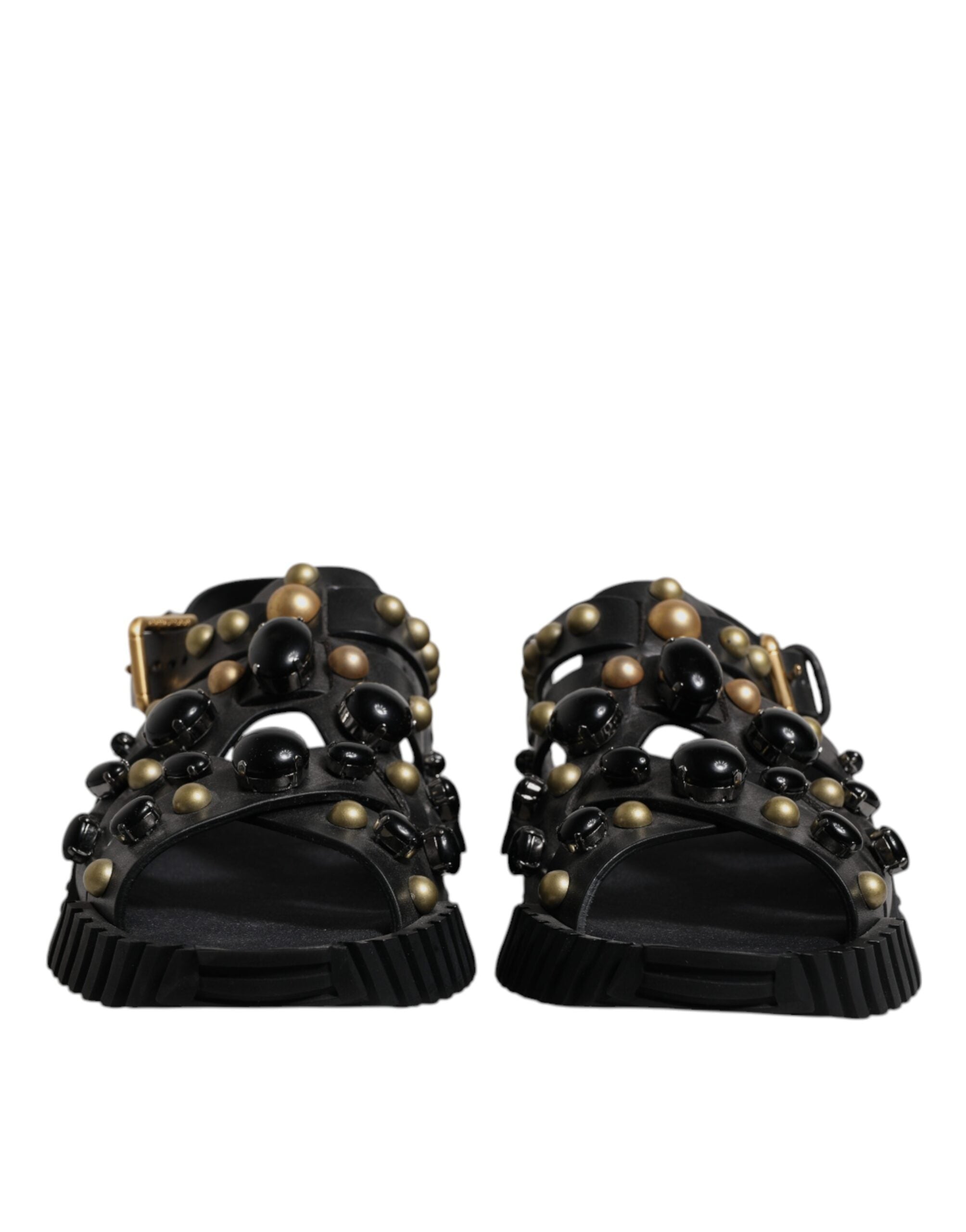 Dolce &amp; Gabbana Black Leather Studded Slides Sandals Shoes