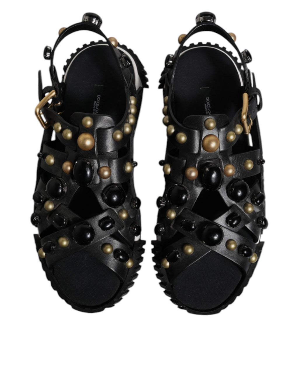 Dolce &amp; Gabbana Black Leather Studded Slides Sandals Shoes