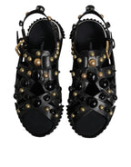 Dolce &amp; Gabbana Black Leather Studded Slides Sandals Shoes