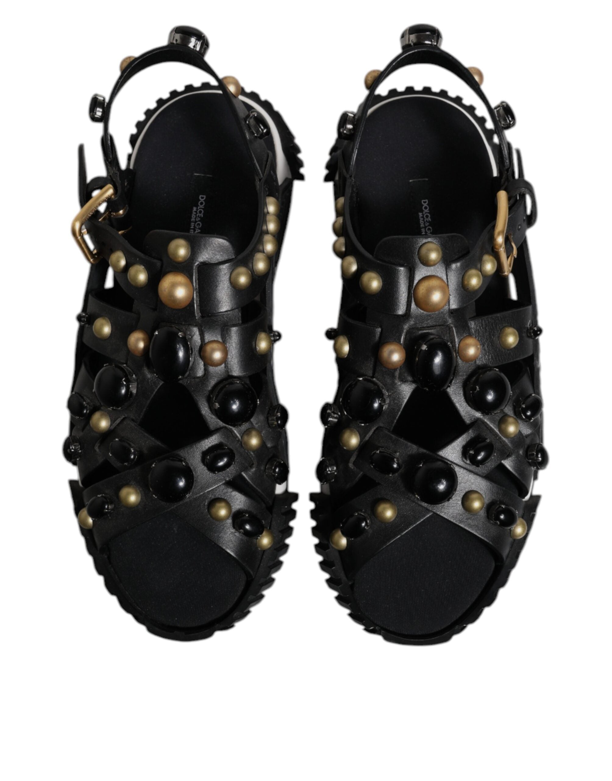 Dolce &amp; Gabbana Black Leather Studded Slides Sandals Shoes