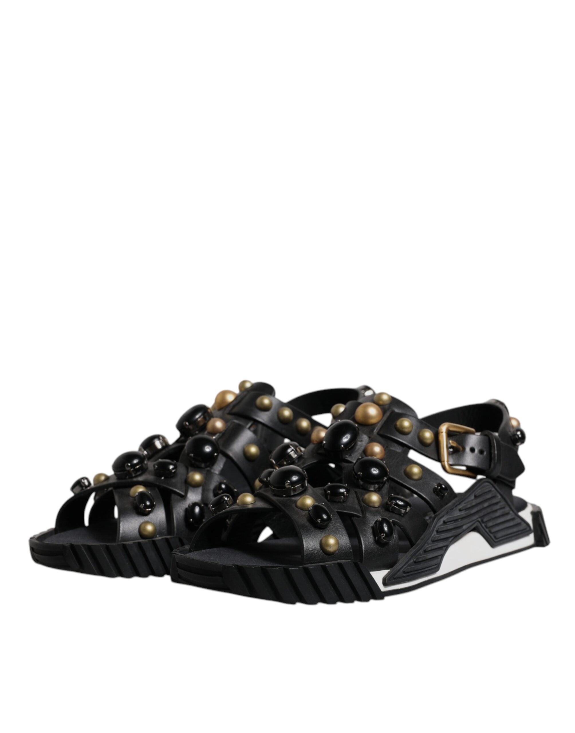 Dolce &amp; Gabbana Black Leather Studded Slides Sandals Shoes