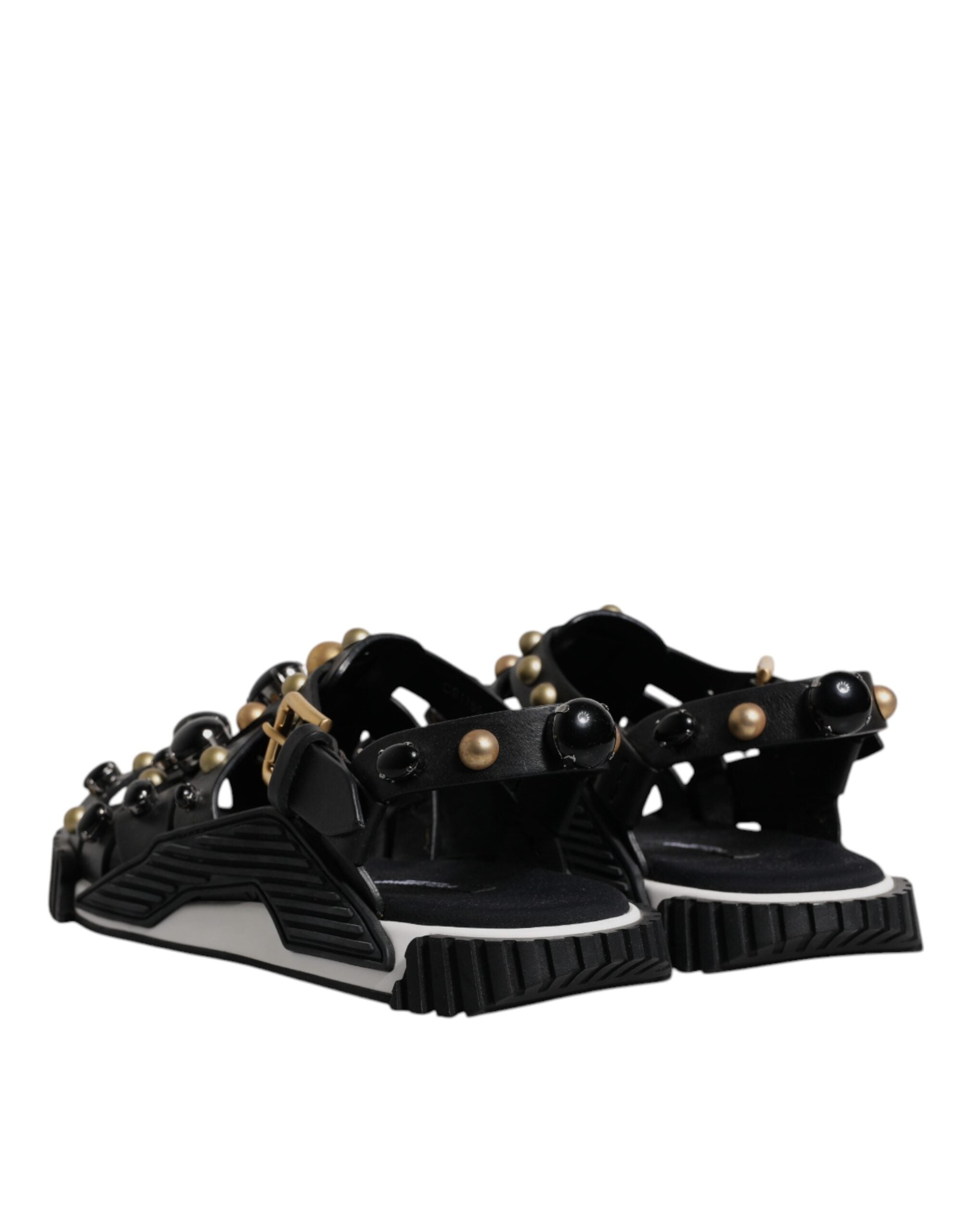 Dolce &amp; Gabbana Black Leather Studded Slides Sandals Shoes