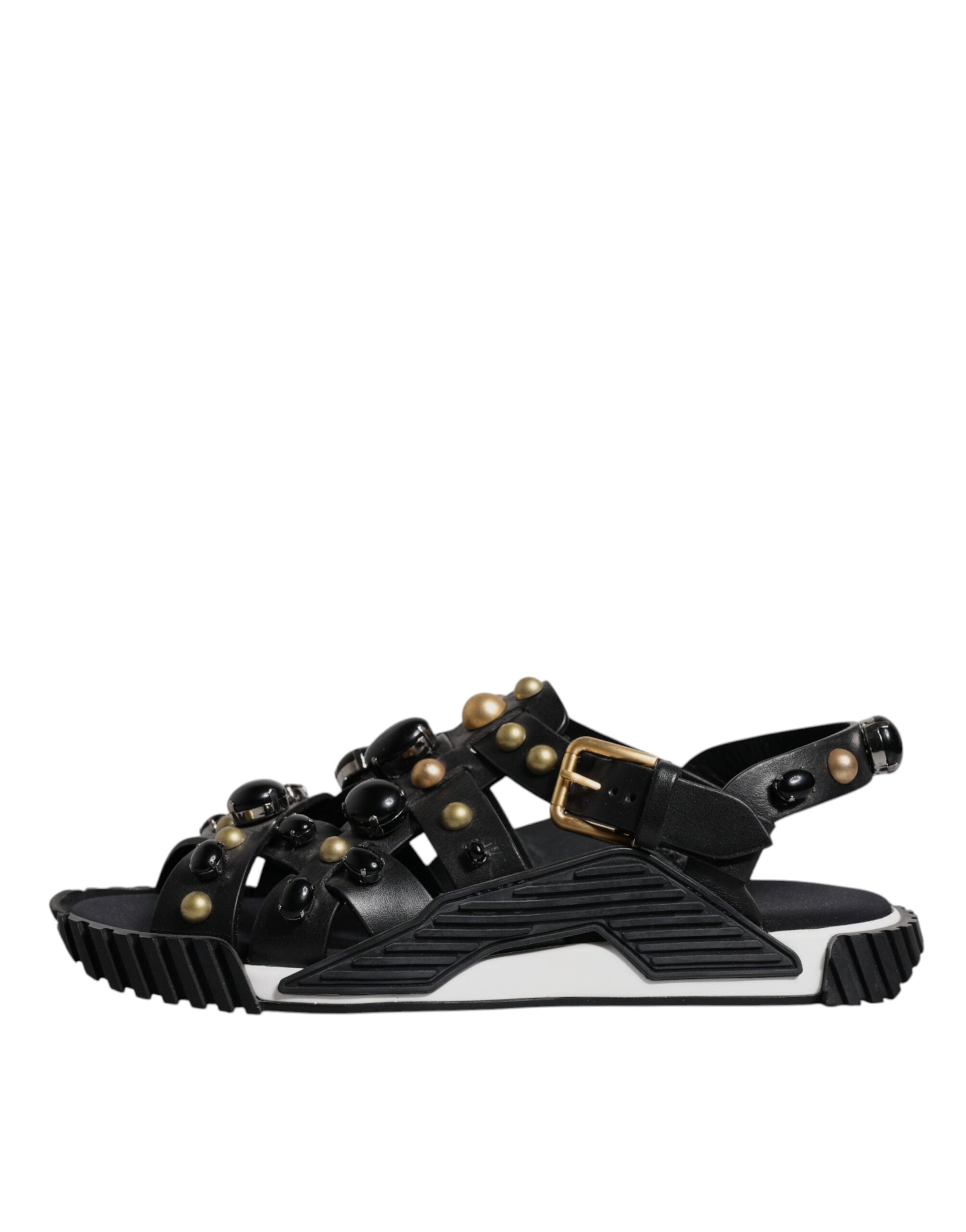 Dolce &amp; Gabbana Black Leather Studded Slides Sandals Shoes