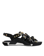 Dolce &amp; Gabbana Black Leather Studded Slides Sandals Shoes
