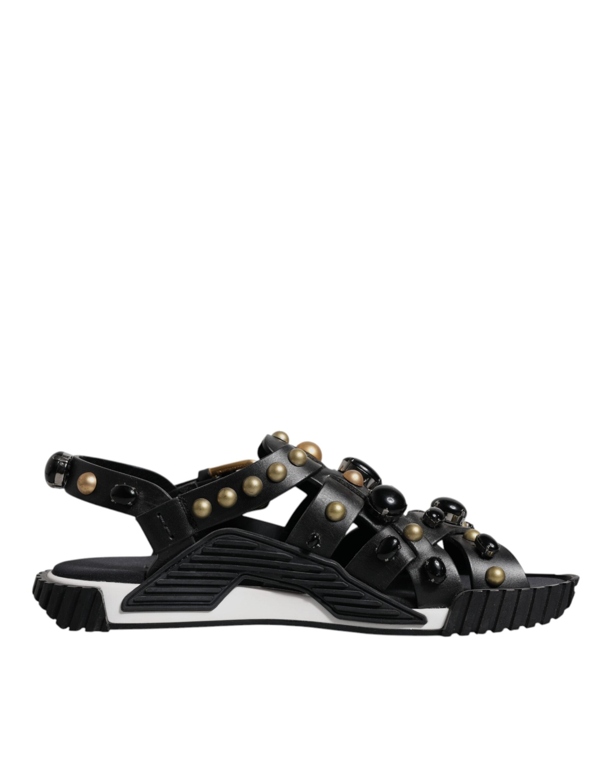 Dolce &amp; Gabbana Black Leather Studded Slides Sandals Shoes