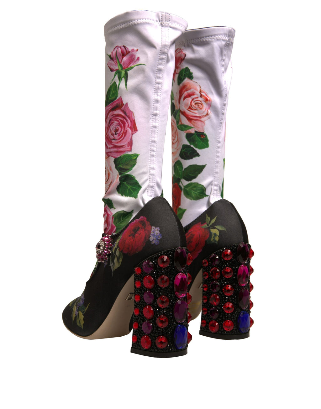 Dolce &amp; Gabbana Black Floral Socks Crystal Boots Jersey Shoes