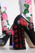Dolce &amp; Gabbana Black Floral Socks Crystal Boots Jersey Shoes