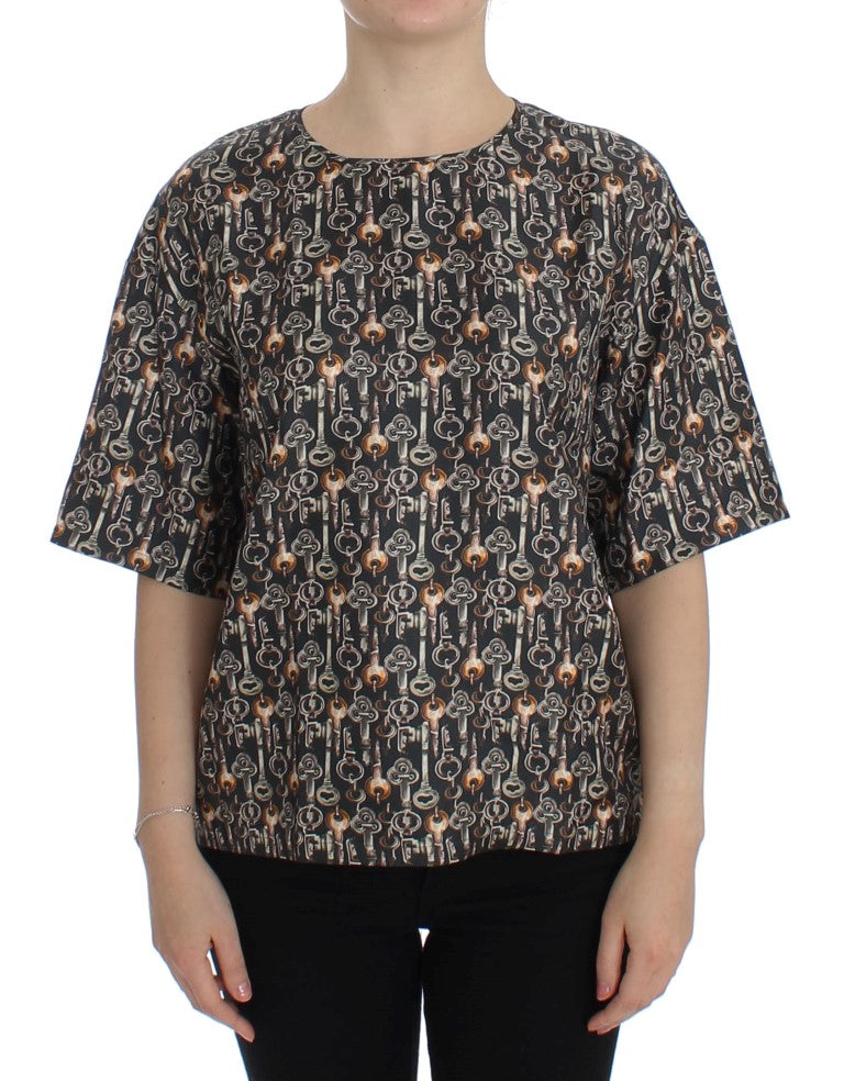 Dolce &amp; Gabbana Gray Gold Key Print Silk Blouse T-shirt