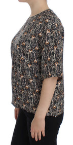 Dolce &amp; Gabbana Gray Gold Key Print Silk Blouse T-shirt