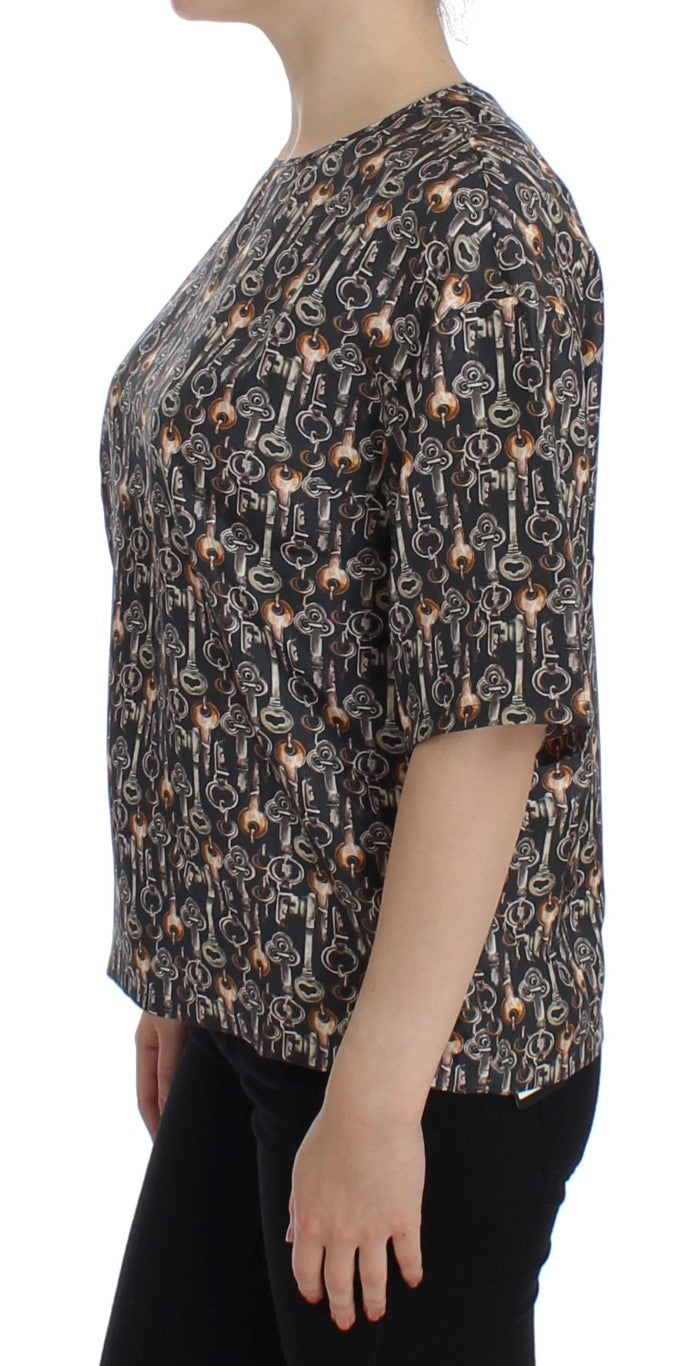 Dolce &amp; Gabbana Gray Gold Key Print Silk Blouse T-shirt