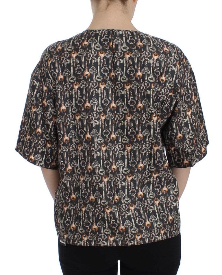 Dolce &amp; Gabbana Gray Gold Key Print Silk Blouse T-shirt