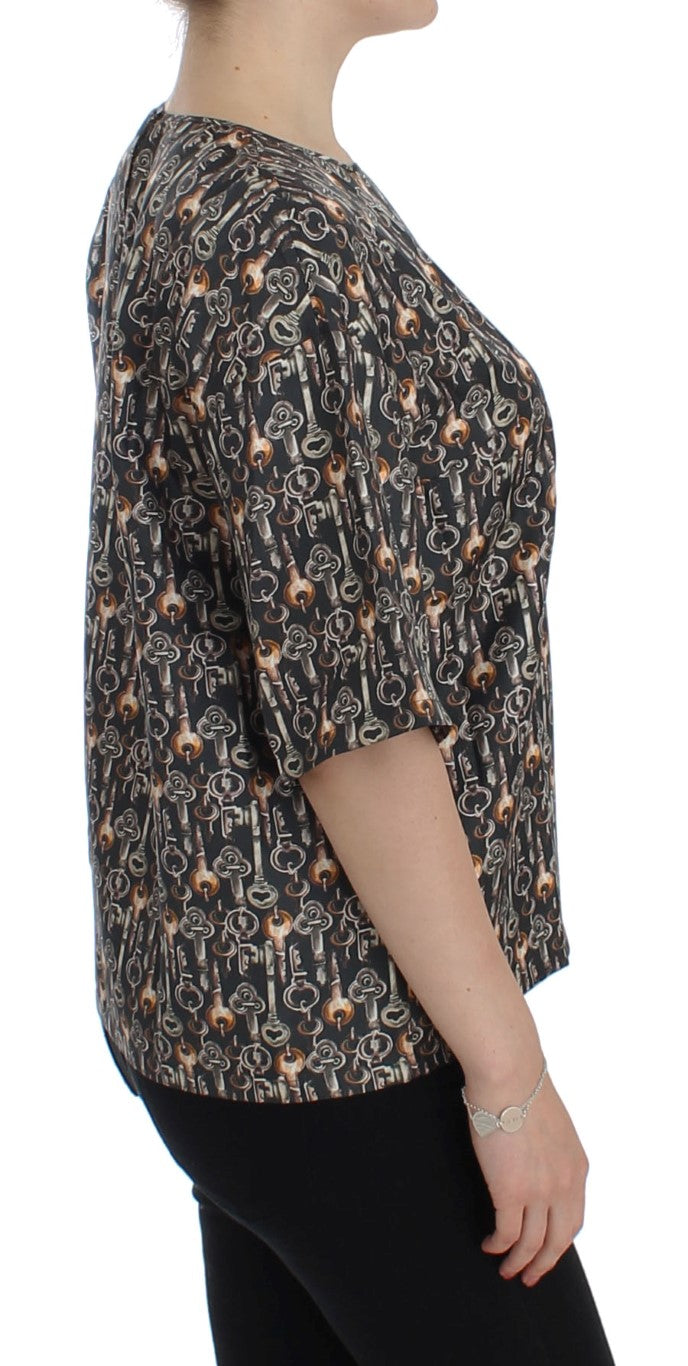 Dolce &amp; Gabbana Gray Gold Key Print Silk Blouse T-shirt