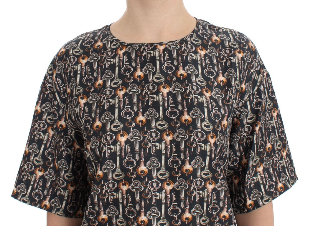 Dolce &amp; Gabbana Gray Gold Key Print Silk Blouse T-shirt