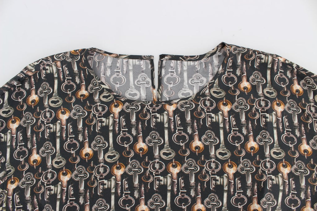 Dolce &amp; Gabbana Gray Gold Key Print Silk Blouse T-shirt