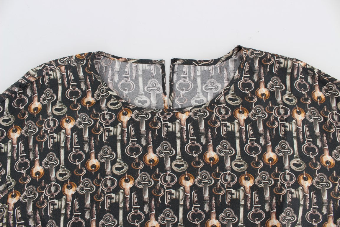 Dolce &amp; Gabbana Gray Gold Key Print Silk Blouse T-shirt