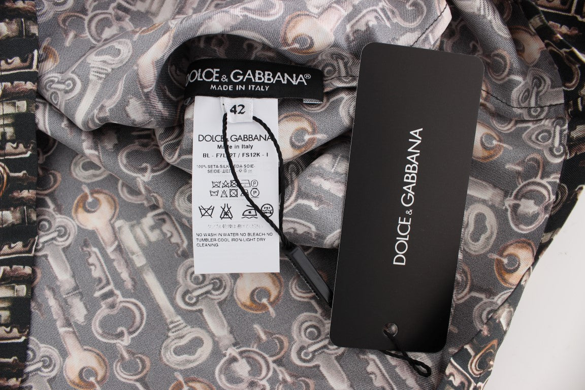 Dolce &amp; Gabbana Gray Gold Key Print Silk Blouse T-shirt