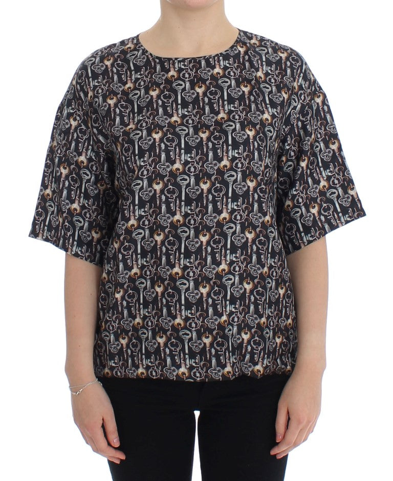 Dolce &amp; Gabbana Gray Gold Key Print Silk Blouse T-shirt