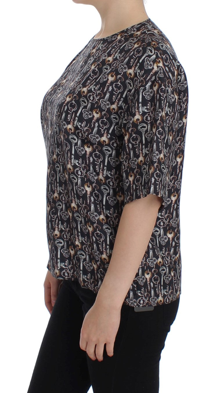 Dolce &amp; Gabbana Gray Gold Key Print Silk Blouse T-shirt