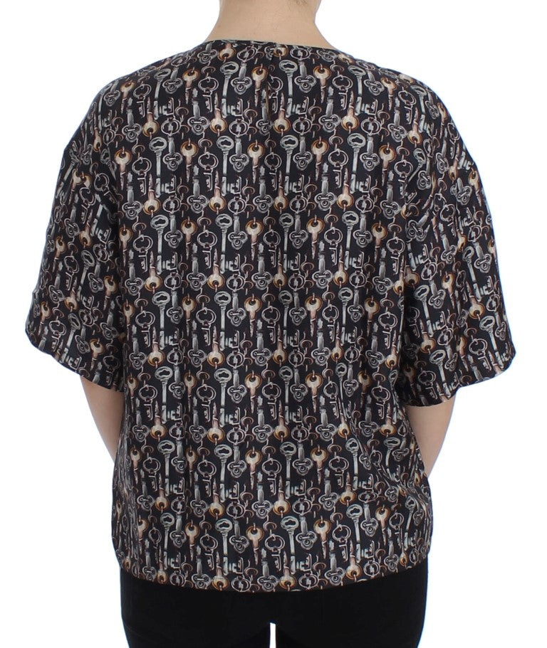 Dolce &amp; Gabbana Gray Gold Key Print Silk Blouse T-shirt