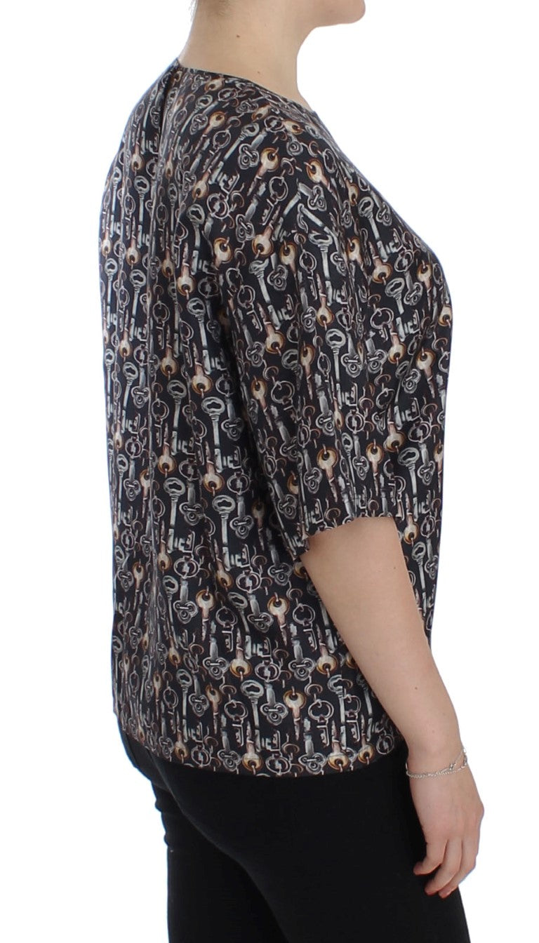 Dolce &amp; Gabbana Gray Gold Key Print Silk Blouse T-shirt