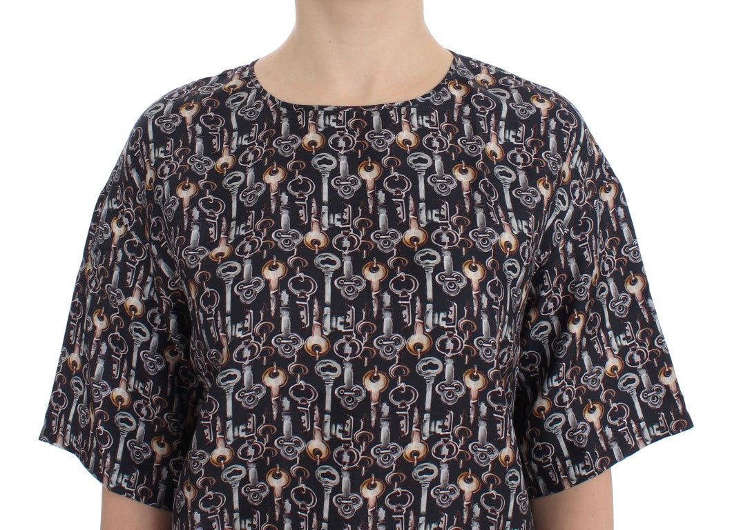 Dolce &amp; Gabbana Gray Gold Key Print Silk Blouse T-shirt