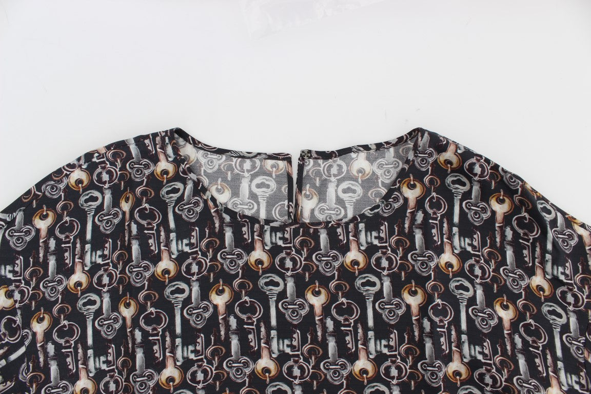 Dolce &amp; Gabbana Gray Gold Key Print Silk Blouse T-shirt