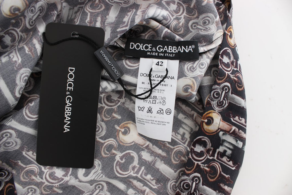 Dolce &amp; Gabbana Gray Gold Key Print Silk Blouse T-shirt