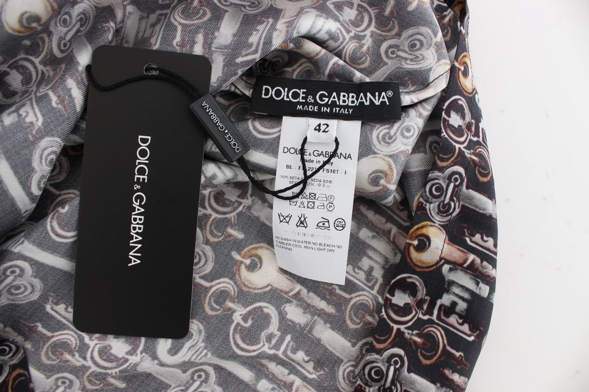 Dolce &amp; Gabbana Gray Gold Key Print Silk Blouse T-shirt