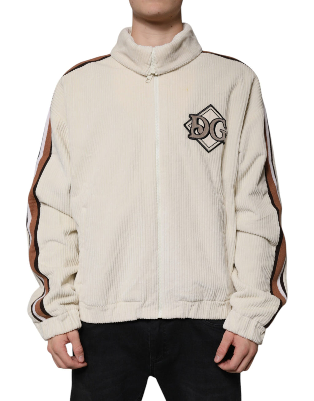 Dolce &amp; Gabbana Beige Logo Applique Cotton Corduroy Full Zip Jacket