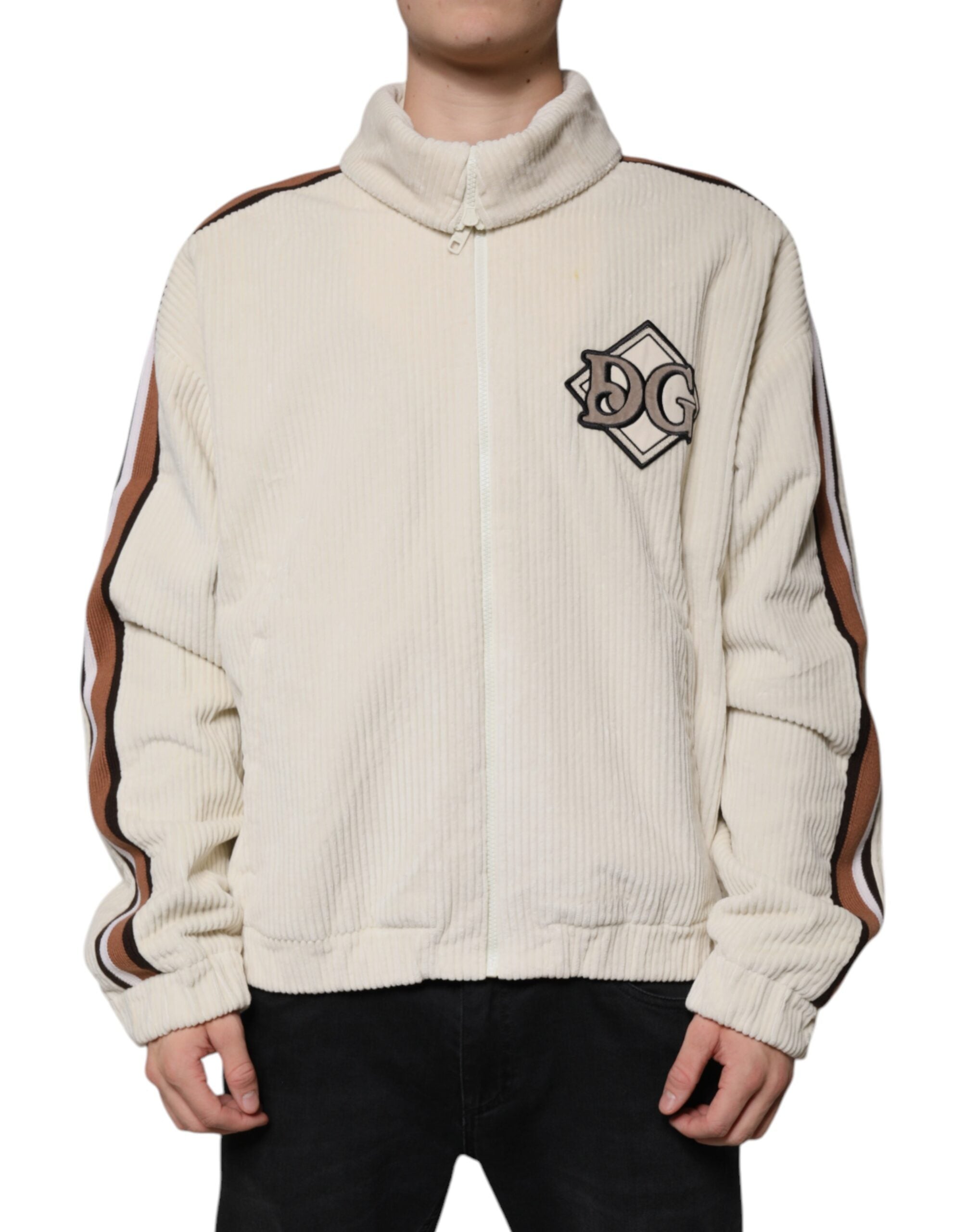 Dolce &amp; Gabbana Beige Logo Applique Cotton Corduroy Full Zip Jacket
